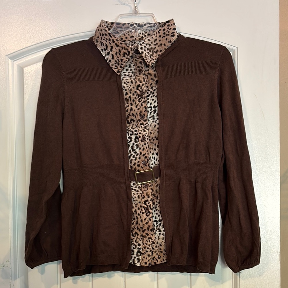 Brown Cardigan with connected Leopard Print Blouse